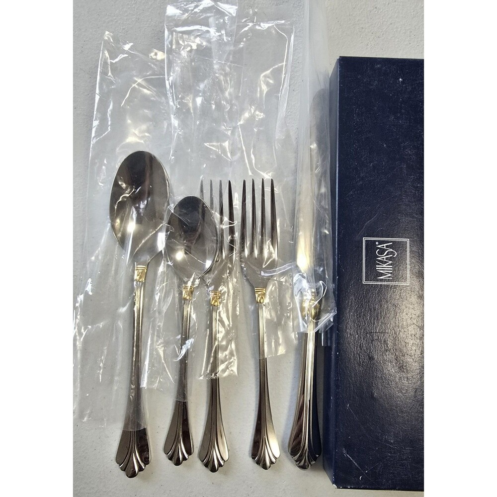 Mikasa Lyons Gold Stainless 5 Piece Unused in Box Flatware